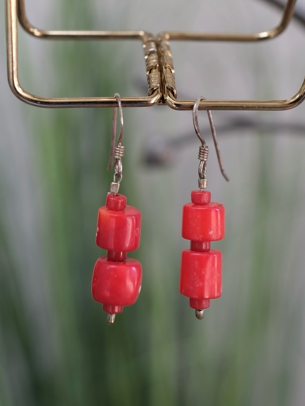 Red Coral-Style Bead Drop Earrings Sterling Silver Hooks